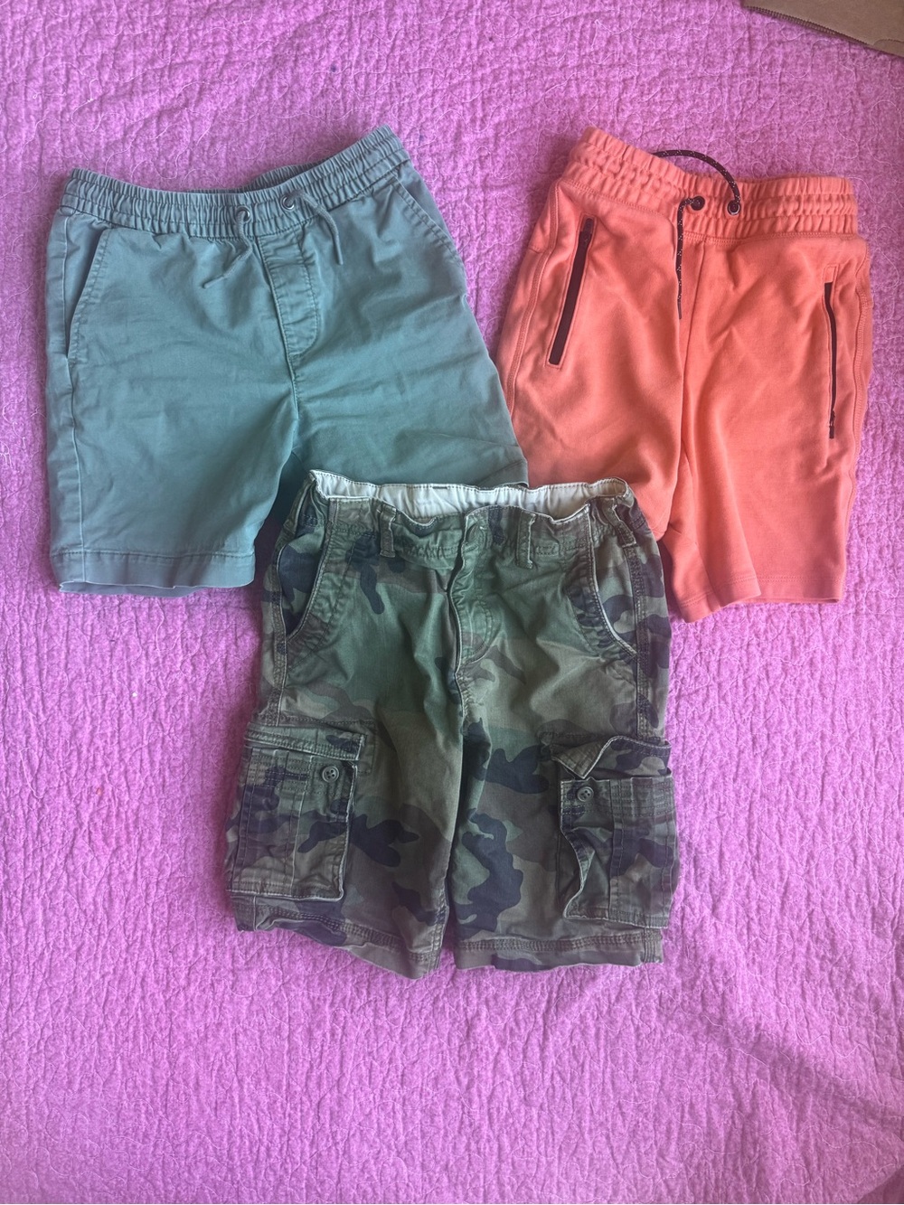 Kids Cargo Shorts Trio - Green Camo, Teal, and Coral gap kids size L